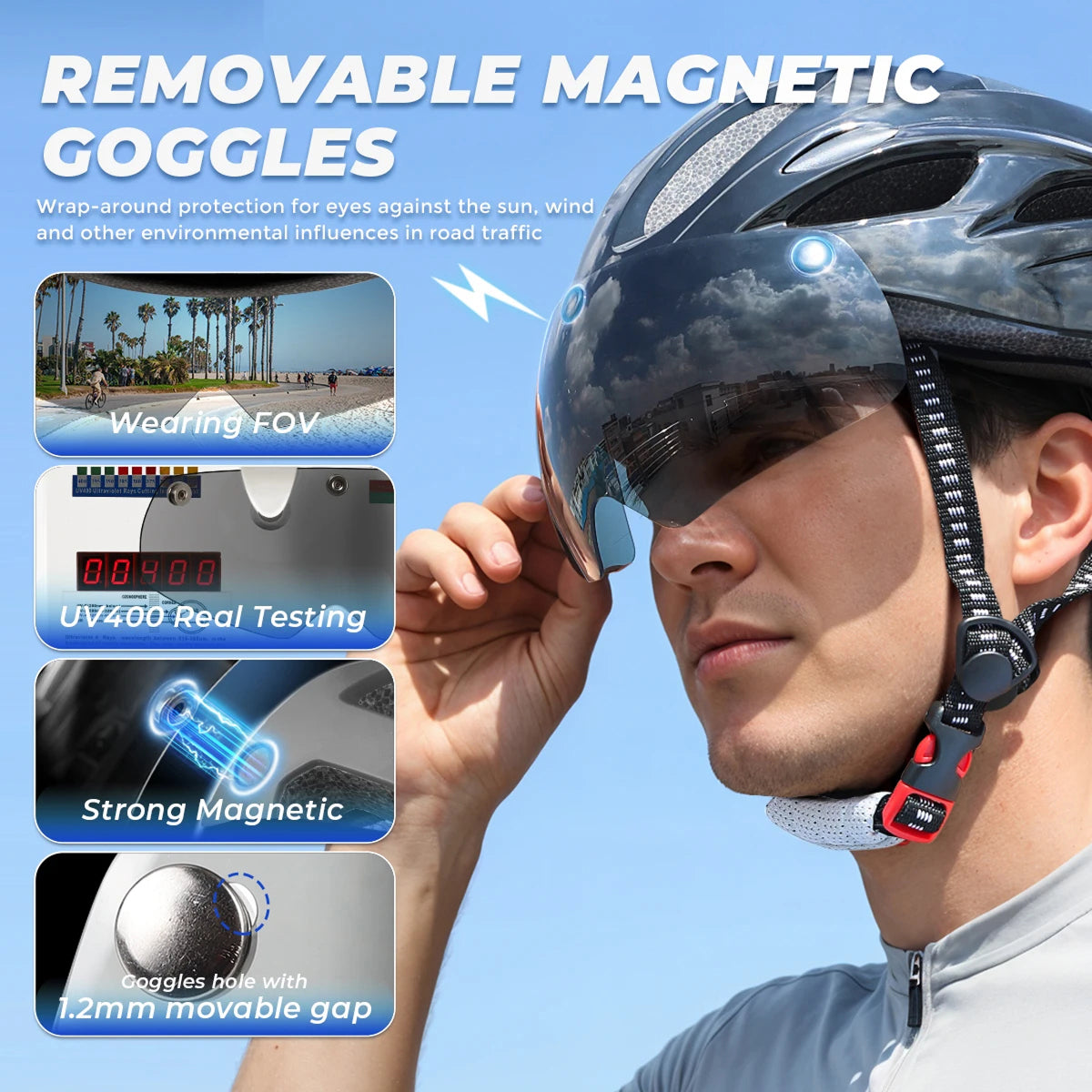 Bolltinux Bike Helmet with Magnetic Goggles and LED Safety Light